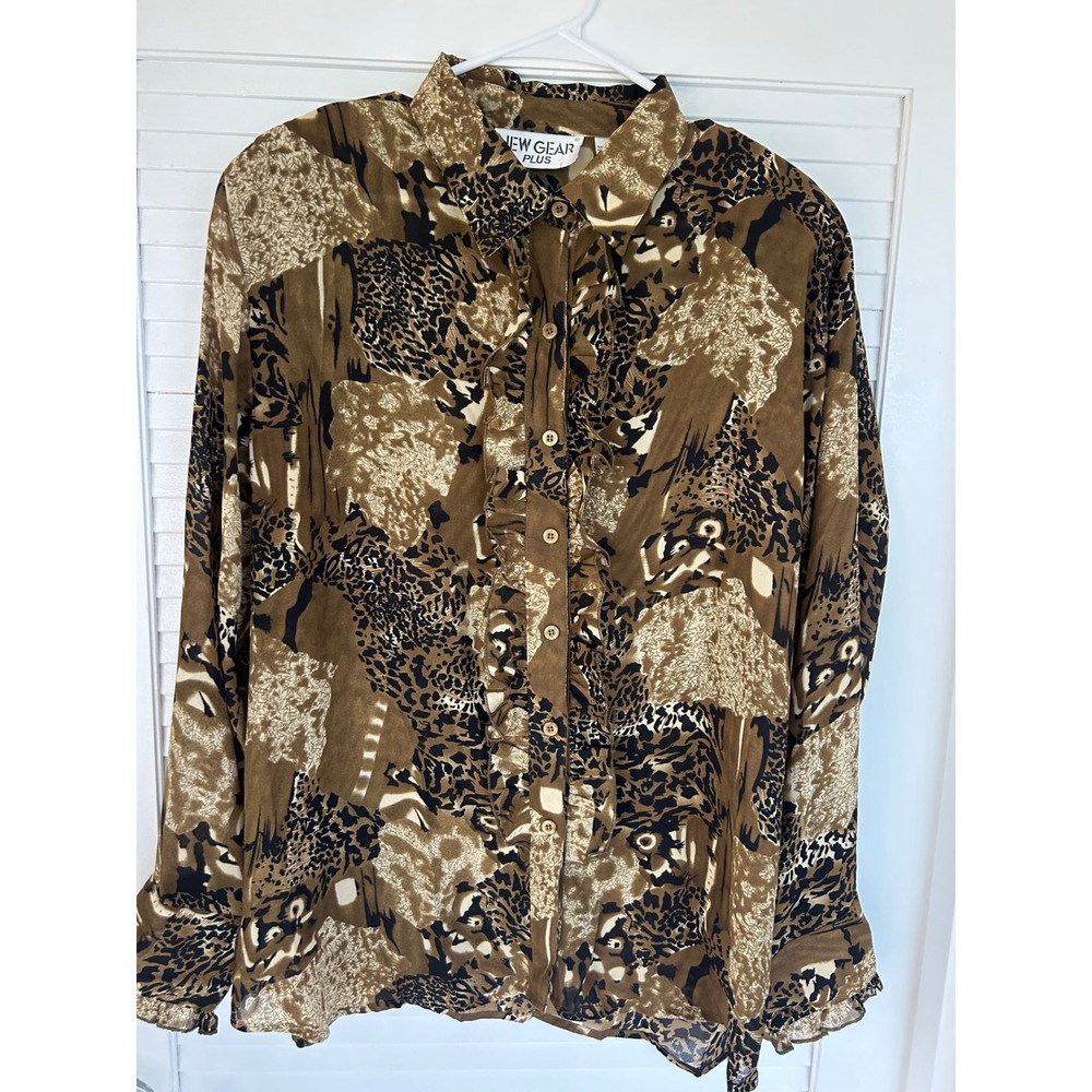New Gear Plus Brown Animal Print Ruffle Button Down Blouse 3X Long Sleeve Top